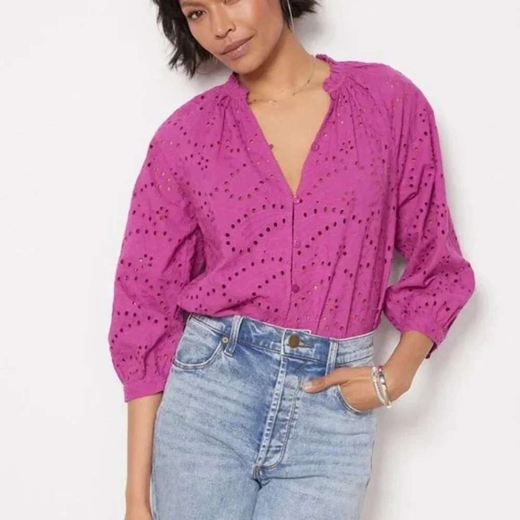 Evereve Tops - Evereve Larisa Eyelet Top Boho Cottagecore Coastal Grandmother XS 3/4 Sleeve